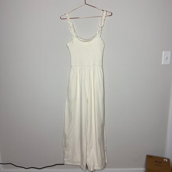 Jessica Simpson Linen Jumpsuit Small Ivory Cottage Wide Leg Smocked Boho Peasant - Picture 2 of 8
